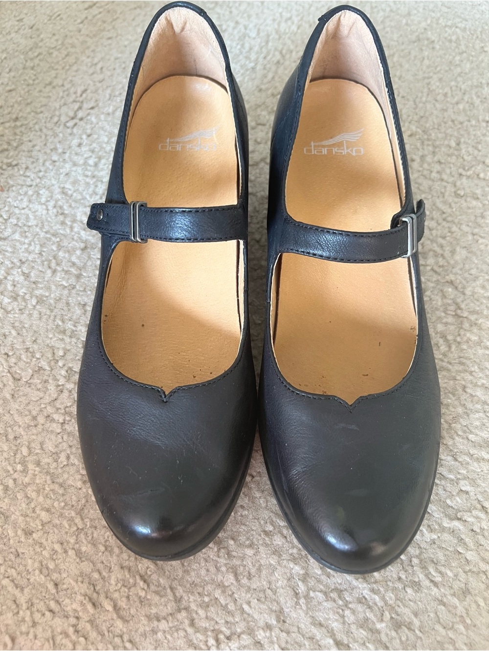 Dansko Black Leather Mary Jane Flats with Strap